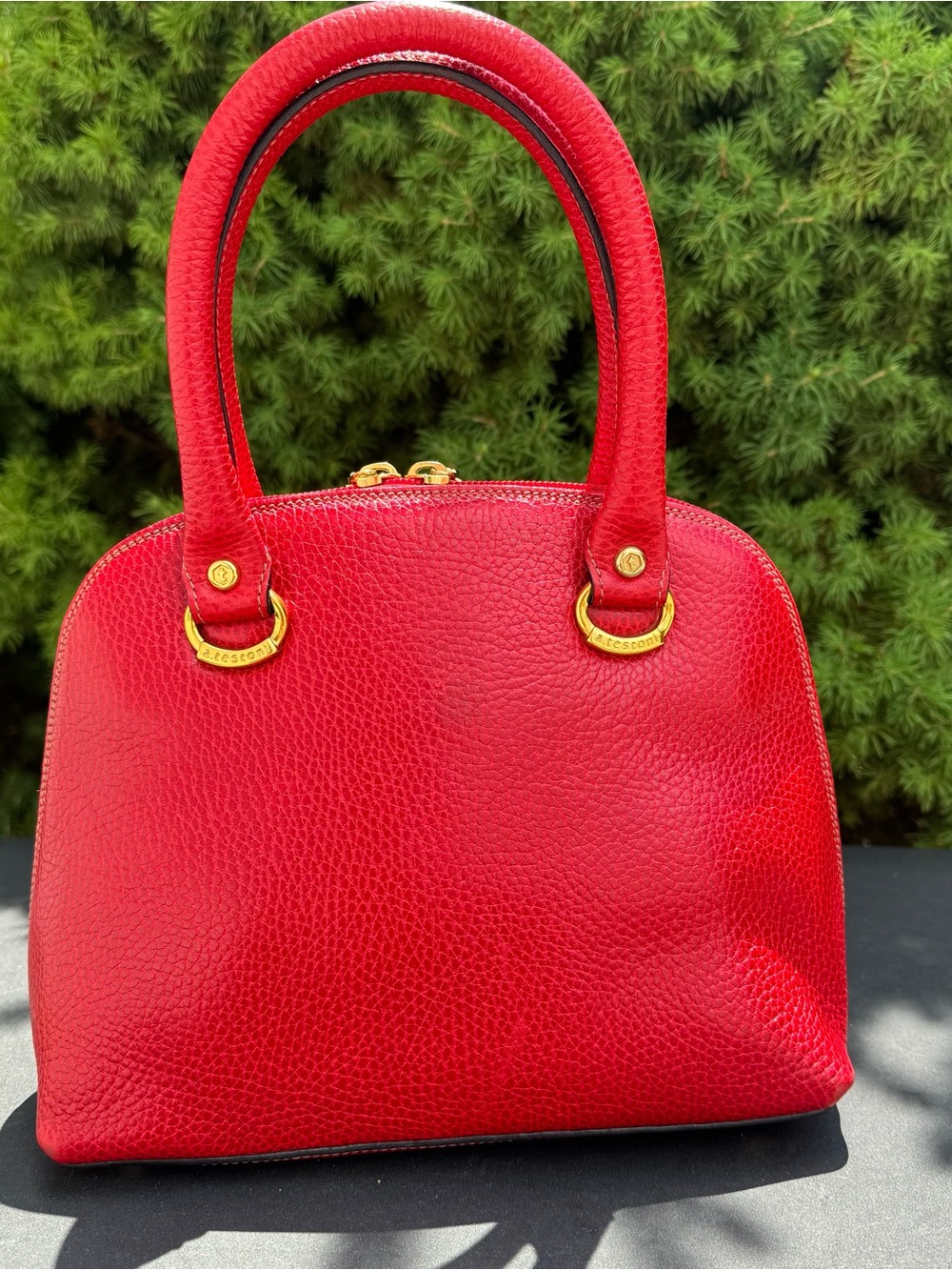 A. Testoni Vintage Red Leather Dome Satchel Handbag - Picture 2 of 7